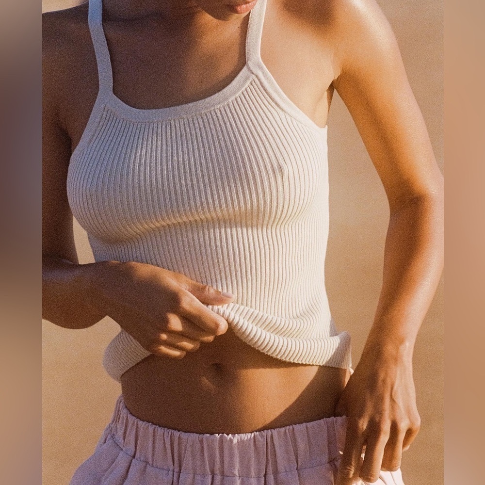 Charlie Holiday Bare By Ribbed Cotton Tank Top, Women White Tank Top, Large